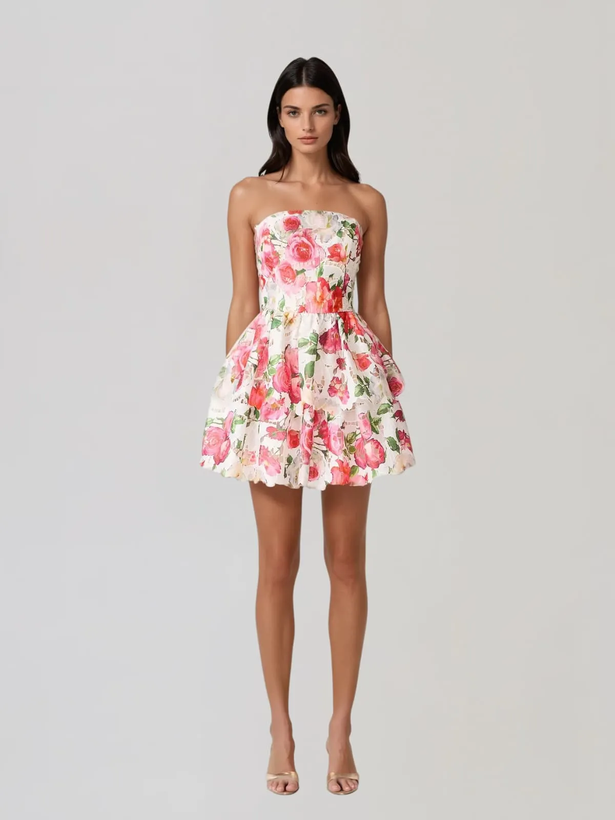 Teryxon Strapless Floral Tiered Mini Dress sold by Mew Mews