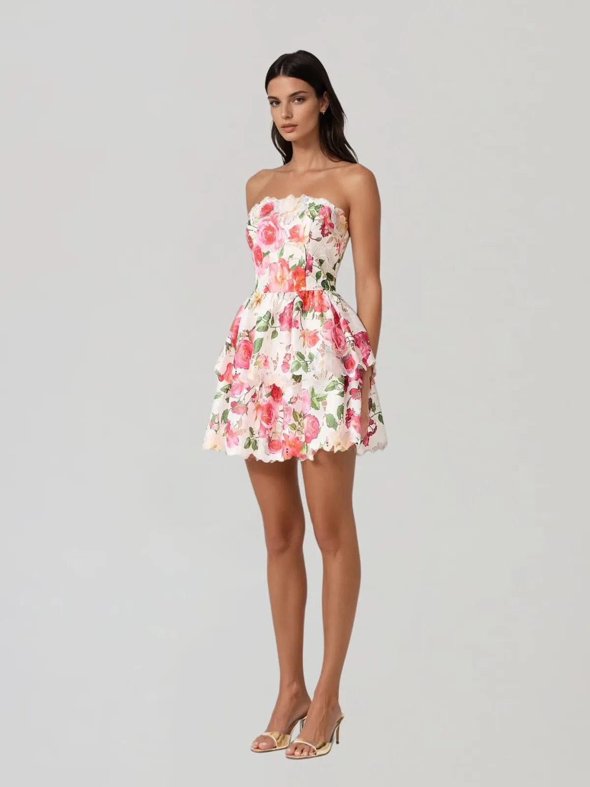 Teryxon Strapless Floral Tiered Mini Dress sold by Mew Mews product image thumbnail 4