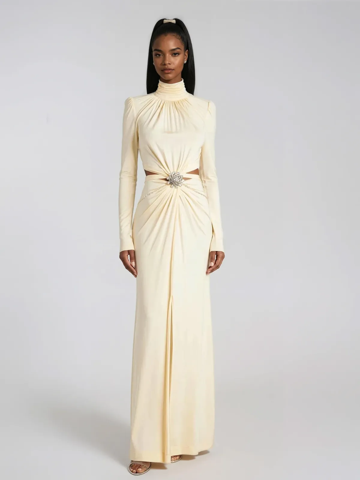 Helvex Cutout Rhinestone Maxi Dress In Yellow sold by Mew Mews