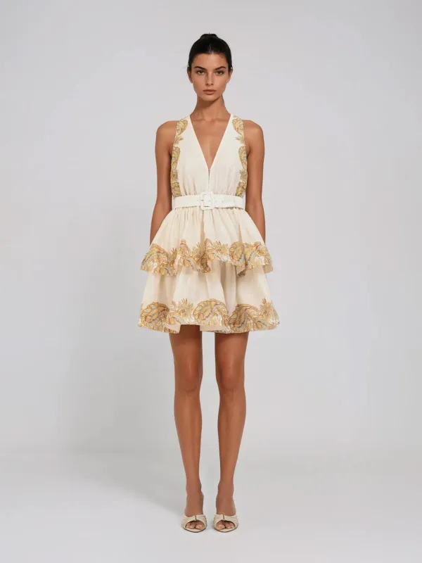 Dastor Plunge Neck Tiered Mini Dress With Belt made by Mew Mews