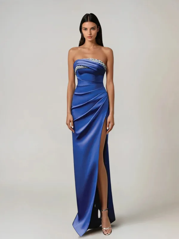 Civran Strapless Rhinestone Split Maxi Dress made by Mew Mews