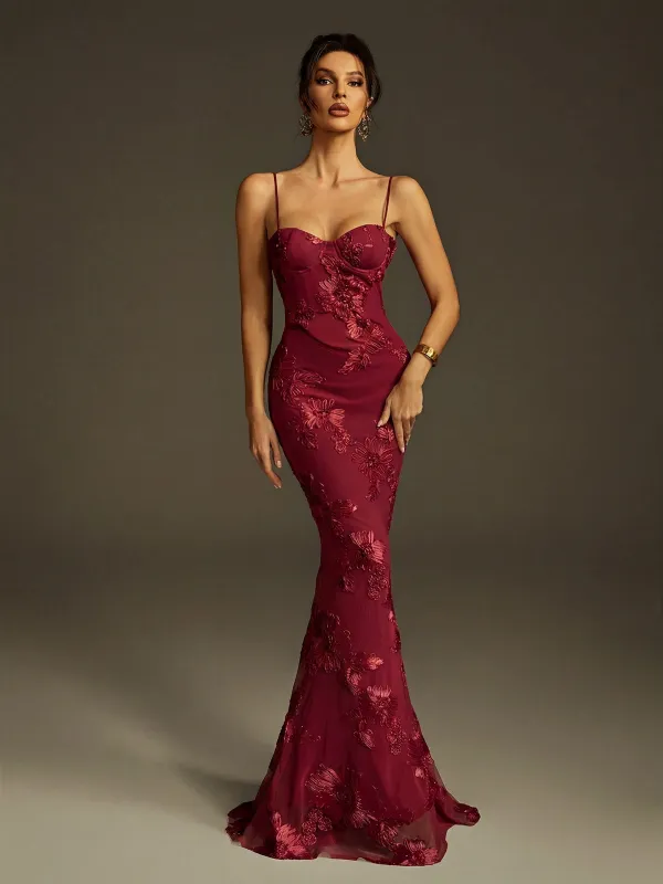 Zryne Spaghetti  Embroidered Flower Maxi Dress In Wine made by Mew Mews