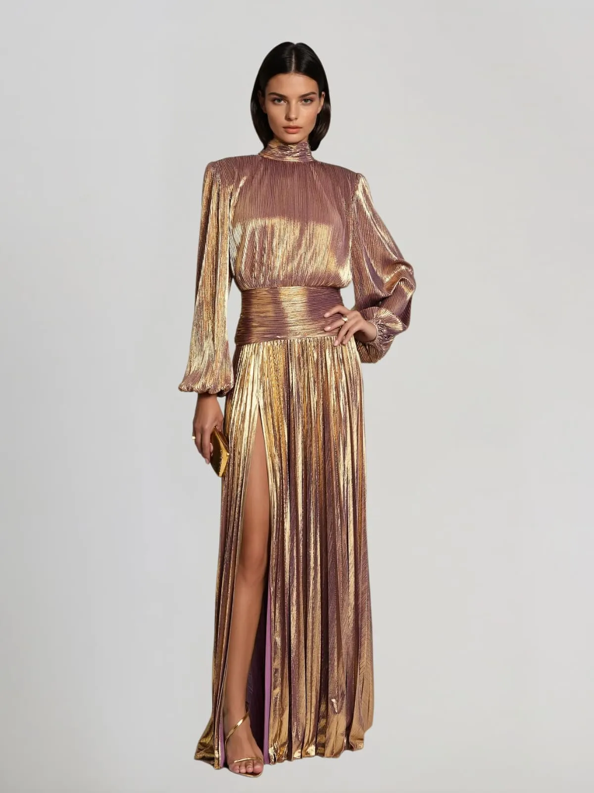 Hamilton Pleated Metallic Split Maxi Dress sold by Mew Mews
