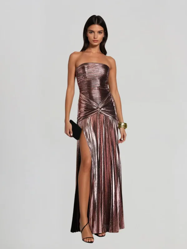 Laxory Strapless Pleated Metallic Maxi Dress made by Mew Mews