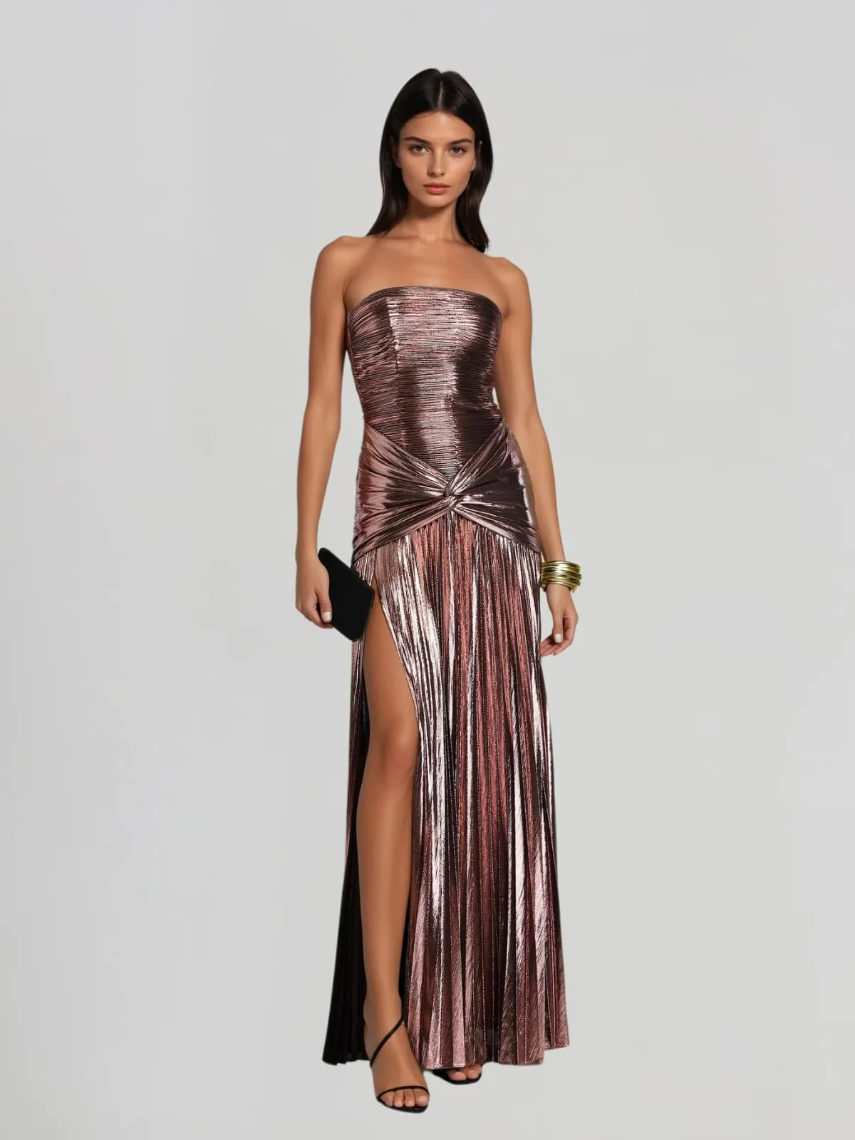 Laxory Strapless Pleated Metallic Maxi Dress sold by Mew Mews