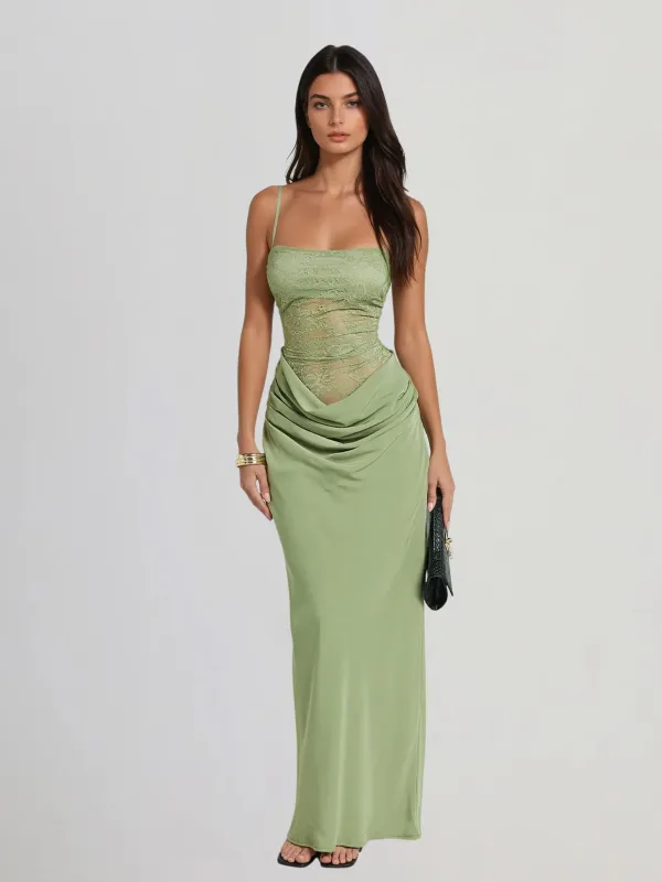 Lestir Spaghetti Lace Ruched Maxi Dress made by Mew Mews