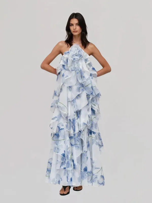 Ivorel Backless Ruffle Floral Maxi Dress made by Mew Mews