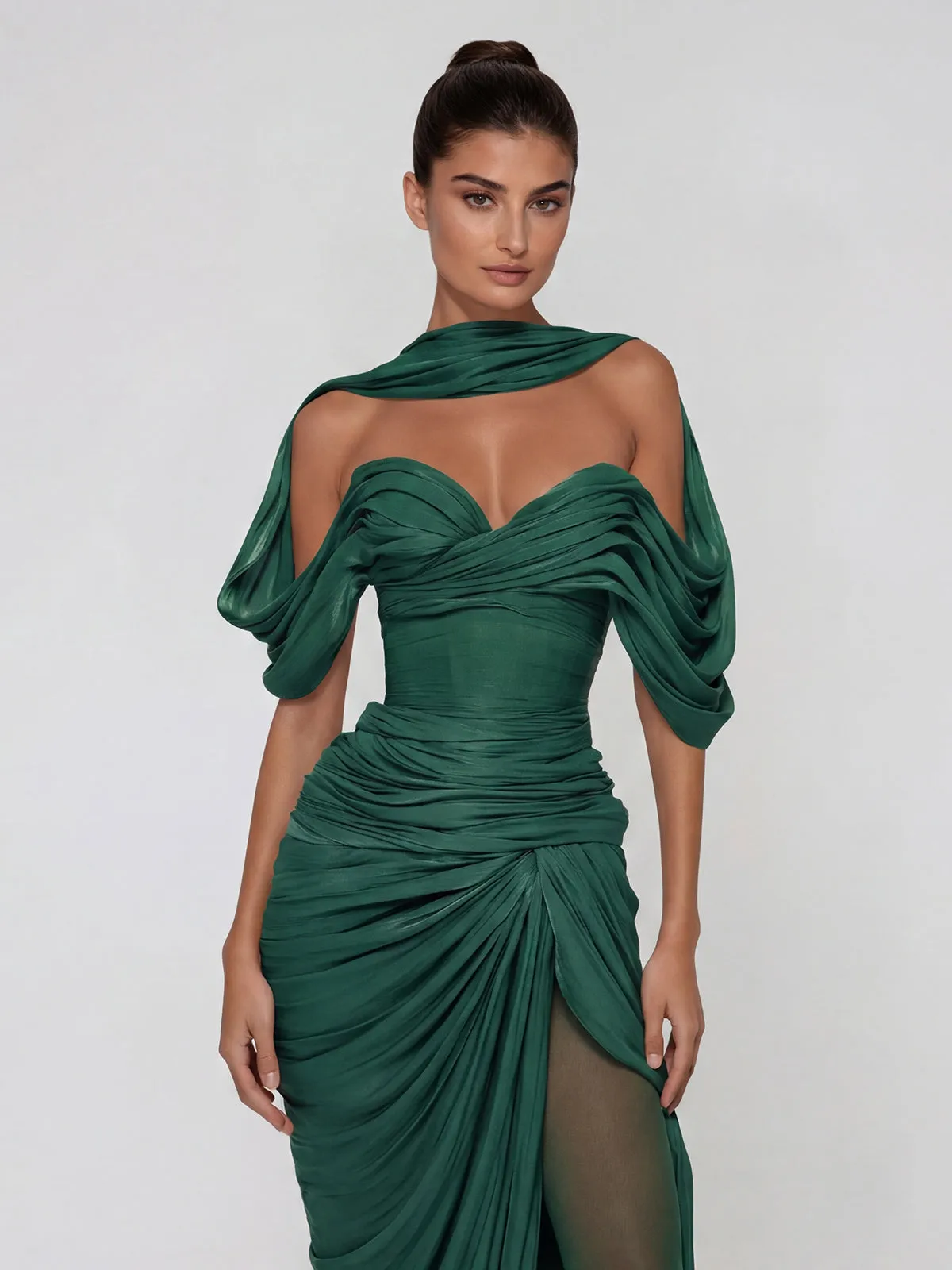 Drexen Off Shoulder Draped Maxi Dress In Emerald sold by Mew Mews product image thumbnail 4