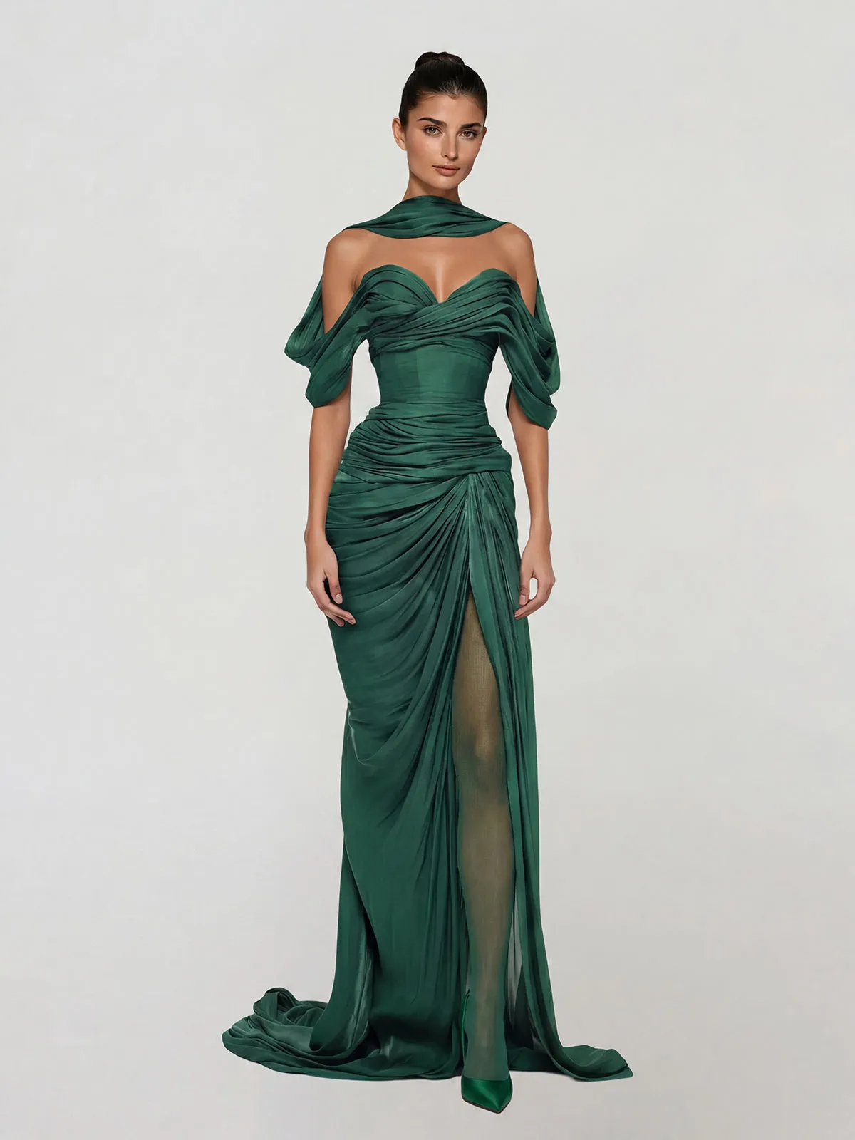 Drexen Off Shoulder Draped Maxi Dress In Emerald sold by Mew Mews