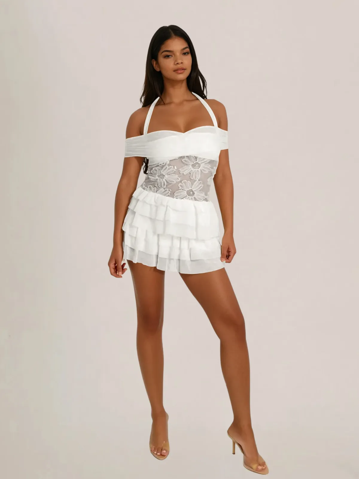 Quendor Halterneck Flower Tiered Mini Dress sold by Mew Mews product image thumbnail 2