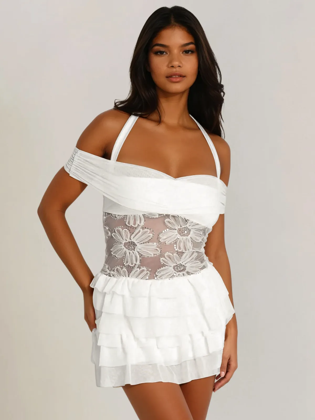 Quendor Halterneck Flower Tiered Mini Dress sold by Mew Mews product image thumbnail 3