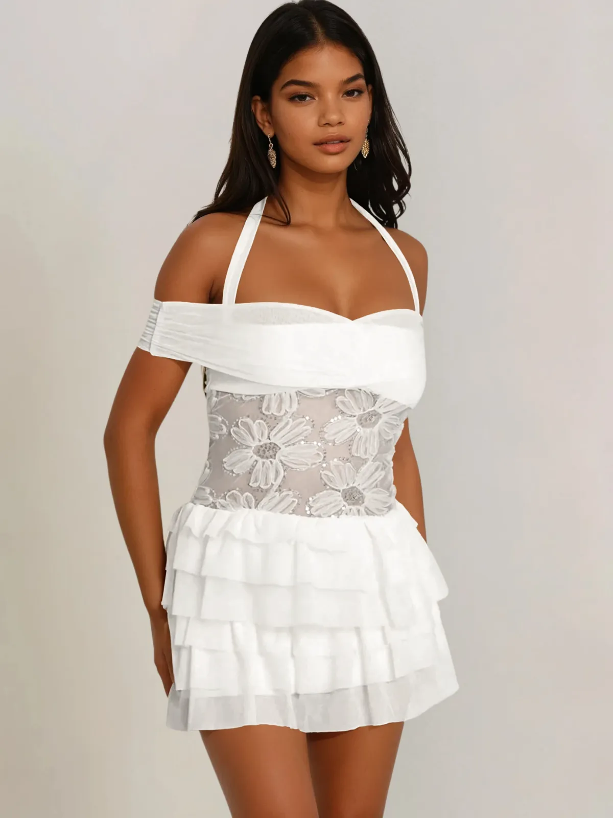 Quendor Halterneck Flower Tiered Mini Dress sold by Mew Mews product image thumbnail 4