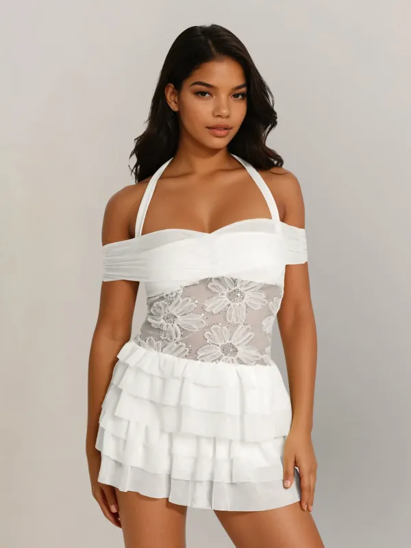 Quendor Halterneck Flower Tiered Mini Dress made by Mew Mews