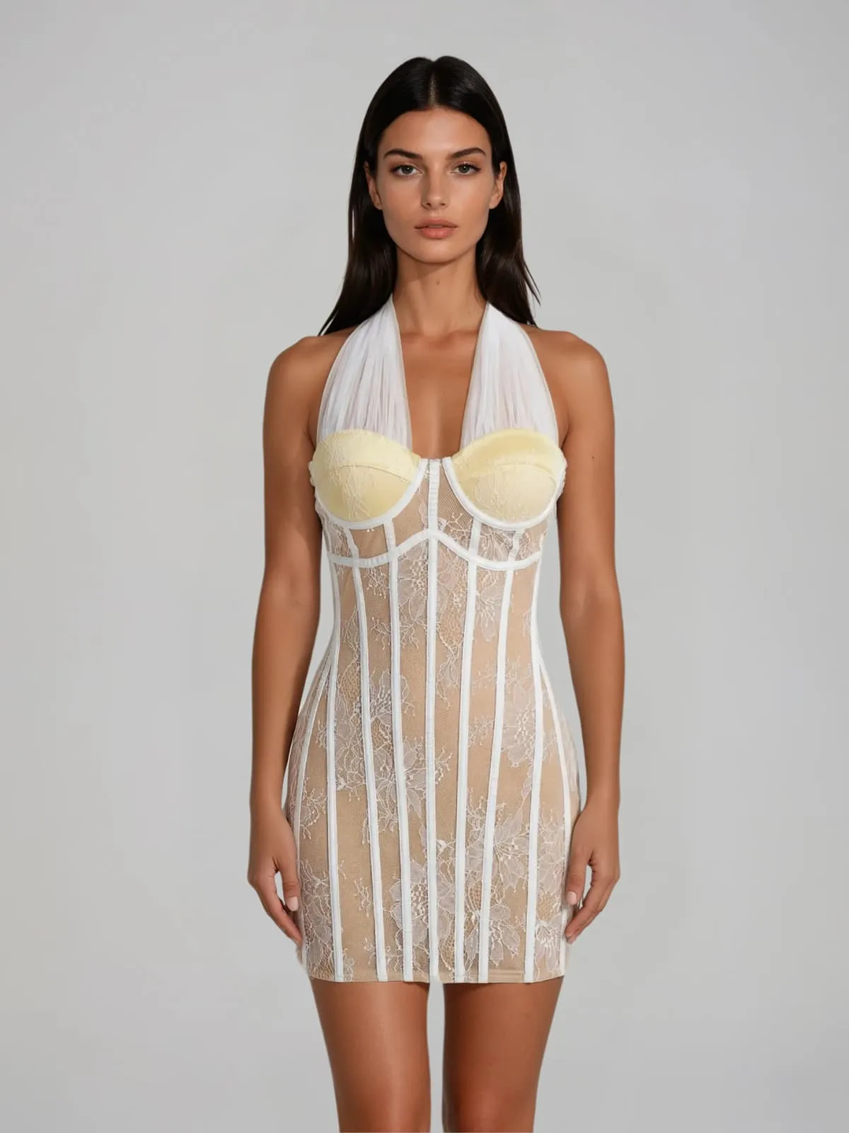 Jarnel Halterneck Lace Mini Dress In Beige sold by Mew Mews product image thumbnail 2