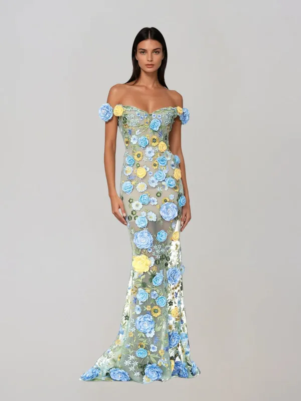 Gexila Off Shoulder Flower Mesh Maxi Dress made by Mew Mews