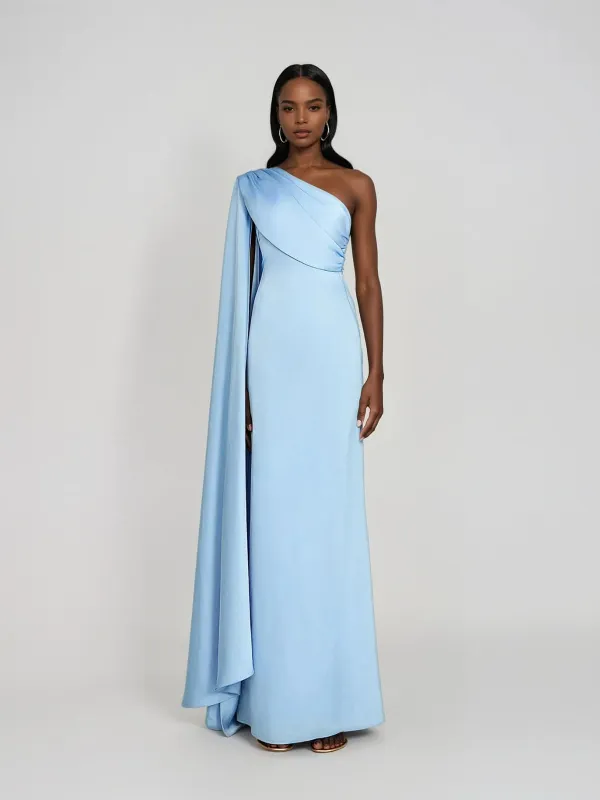 Xelvyn One Shoulder Draped Satin Maxi Dress In Blue made by Mew Mews