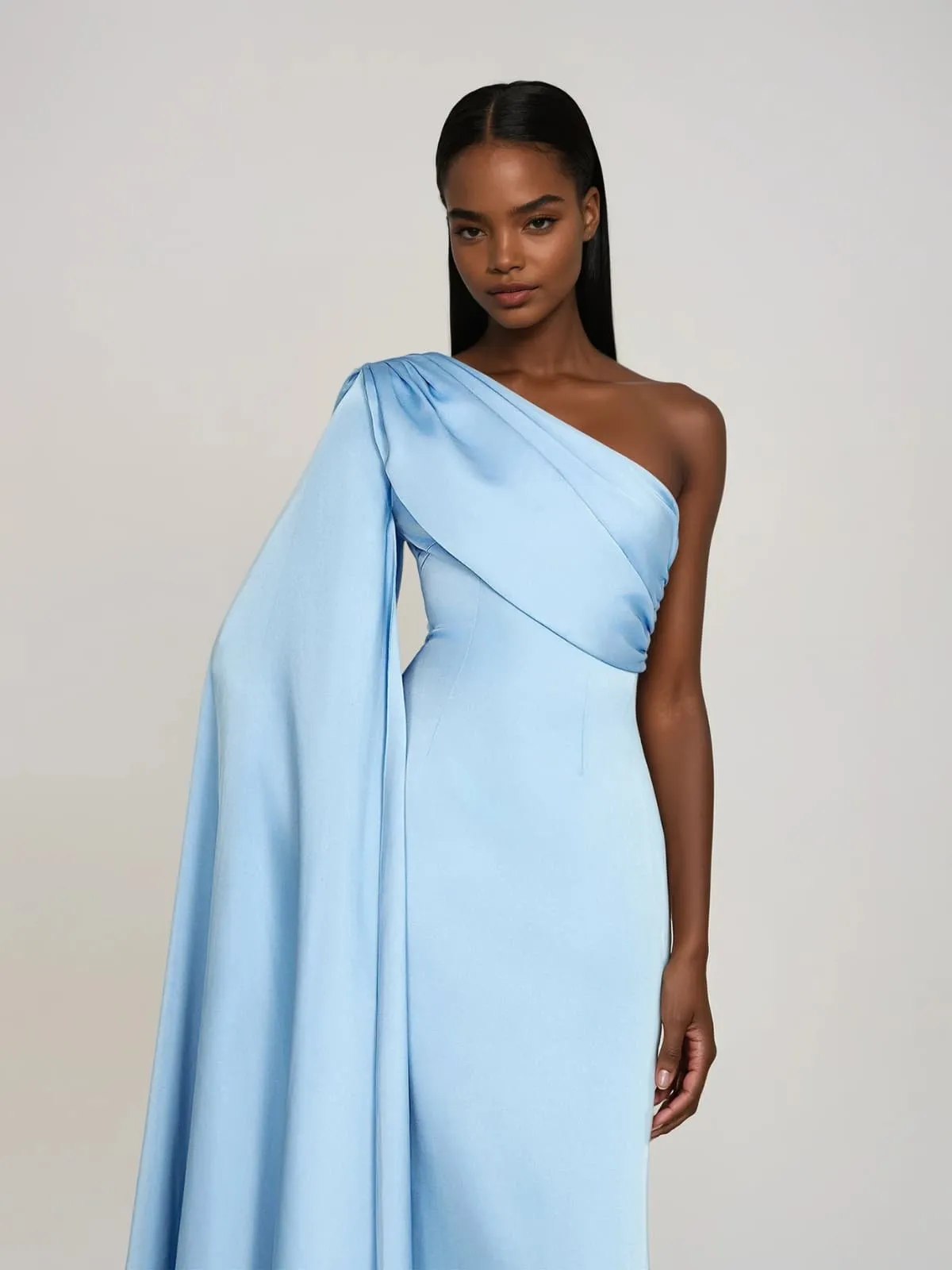 Xelvyn One Shoulder Draped Satin Maxi Dress In Blue sold by Mew Mews product image thumbnail 2