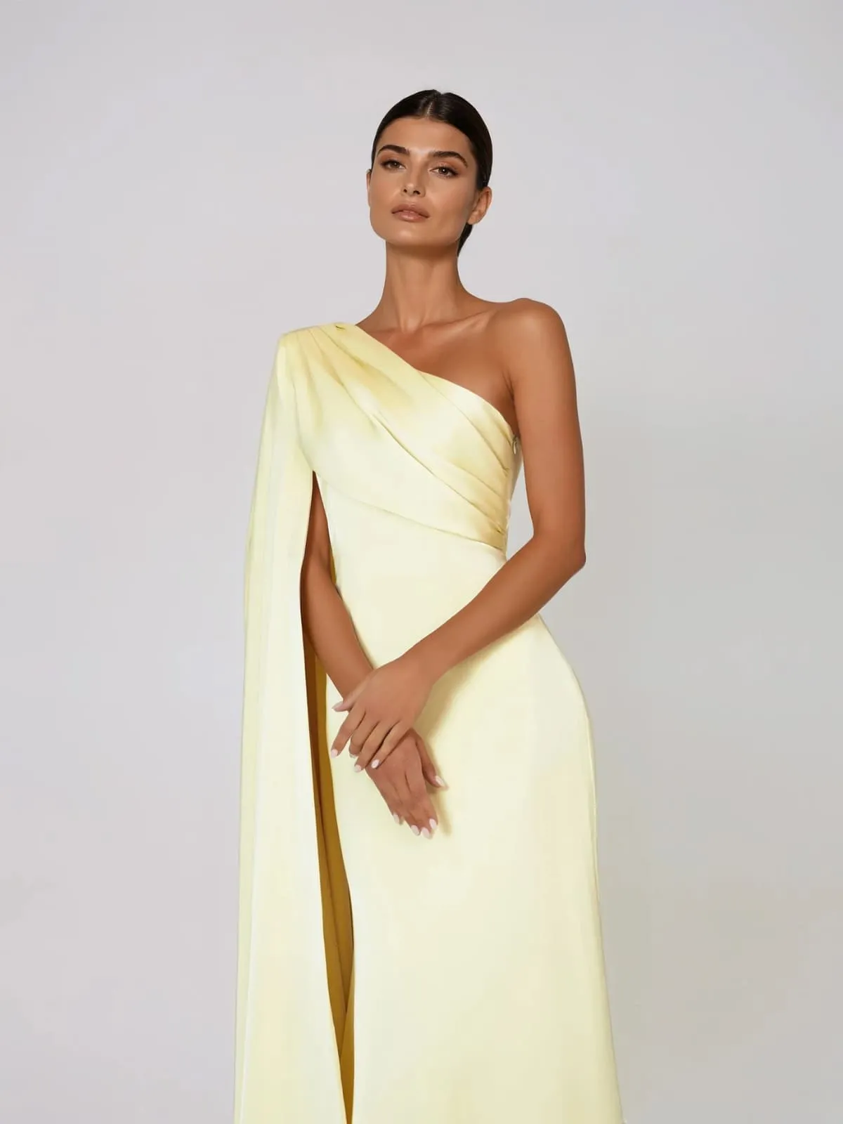 Xelvyn One Shoulder Draped Satin Maxi Dress In Yellow sold by Mew Mews product image thumbnail 2