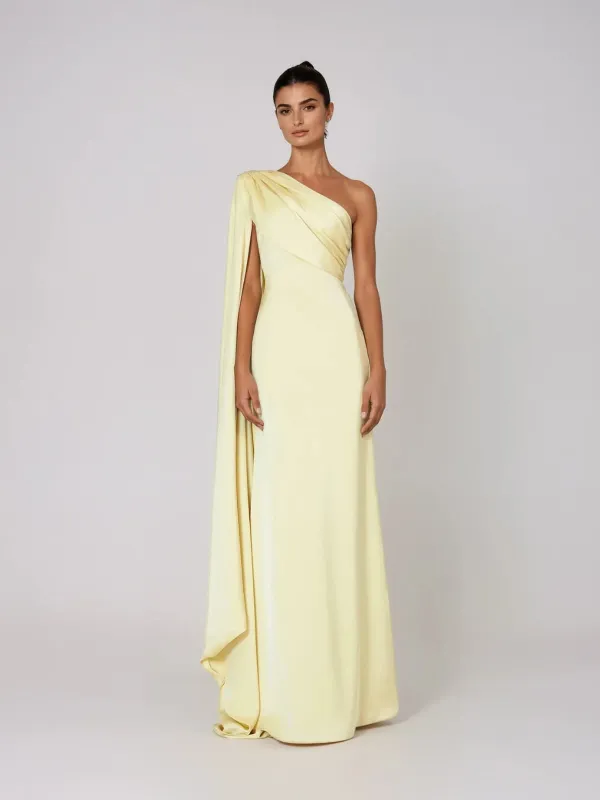 Xelvyn One Shoulder Draped Satin Maxi Dress In Yellow made by Mew Mews
