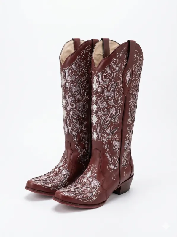 Quasil Rhinestone Floral Leather Boots made by Mew Mews