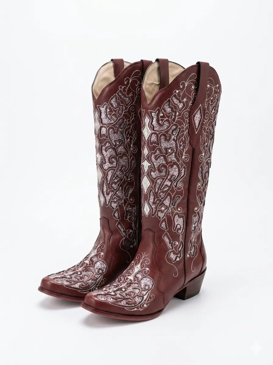 Quasil Rhinestone Floral Leather Boots sold by Mew Mews