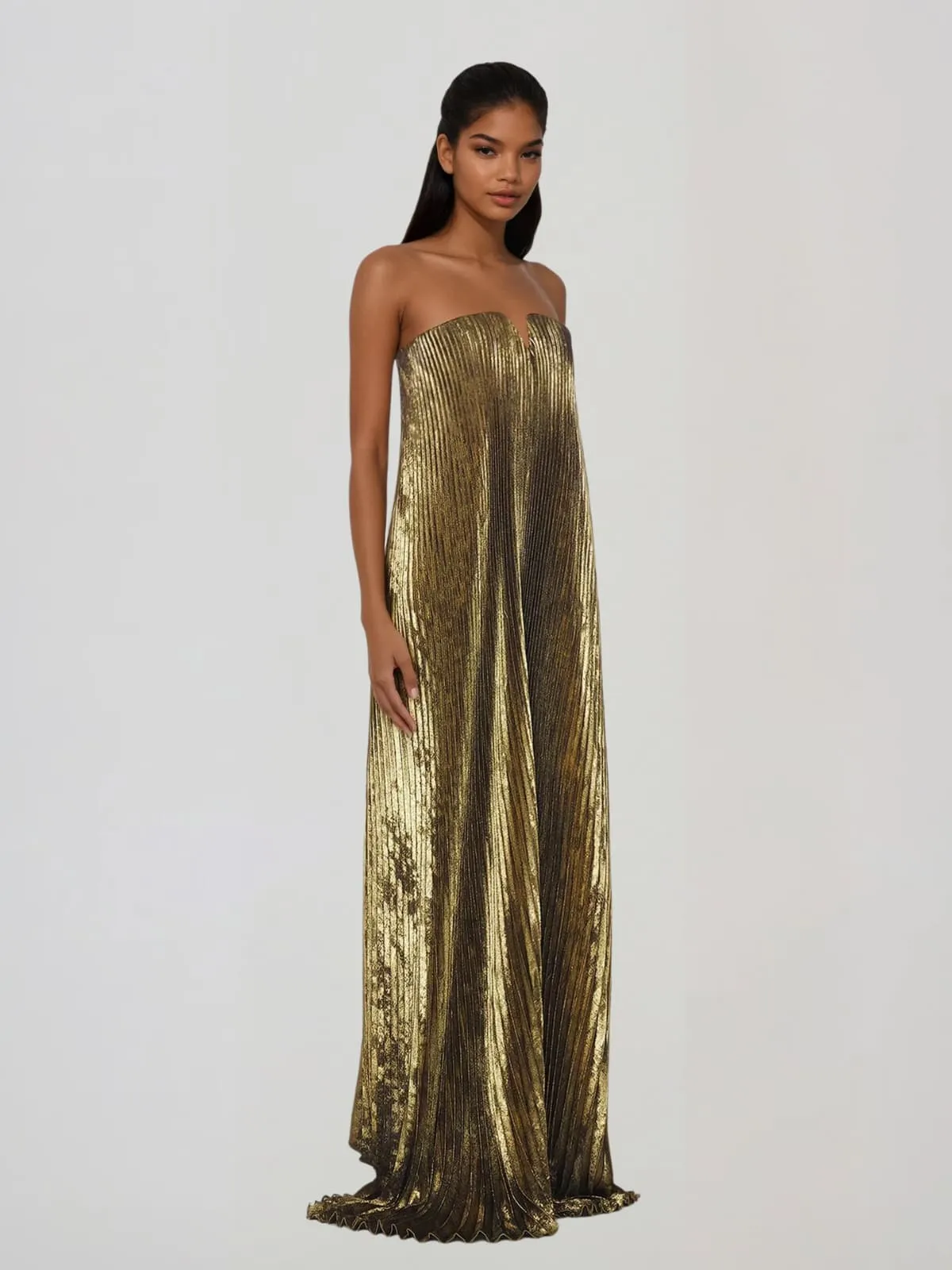Cynara Strapless Pleated Metallic Maxi Dress In Gold sold by Mew Mews product image thumbnail 2