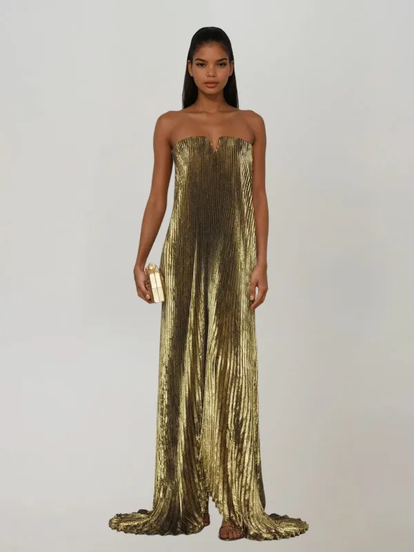 Cynara Strapless Pleated Metallic Maxi Dress In Gold made by Mew Mews