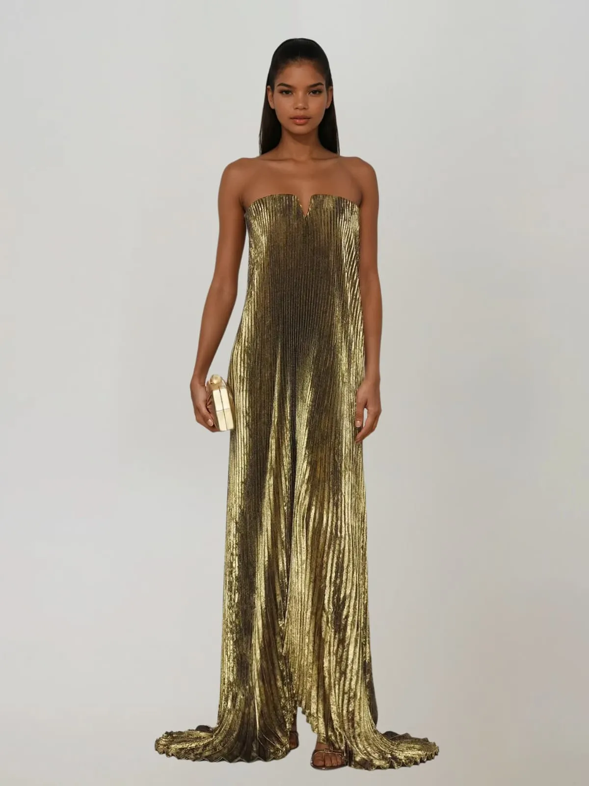 Cynara Strapless Pleated Metallic Maxi Dress In Gold sold by Mew Mews