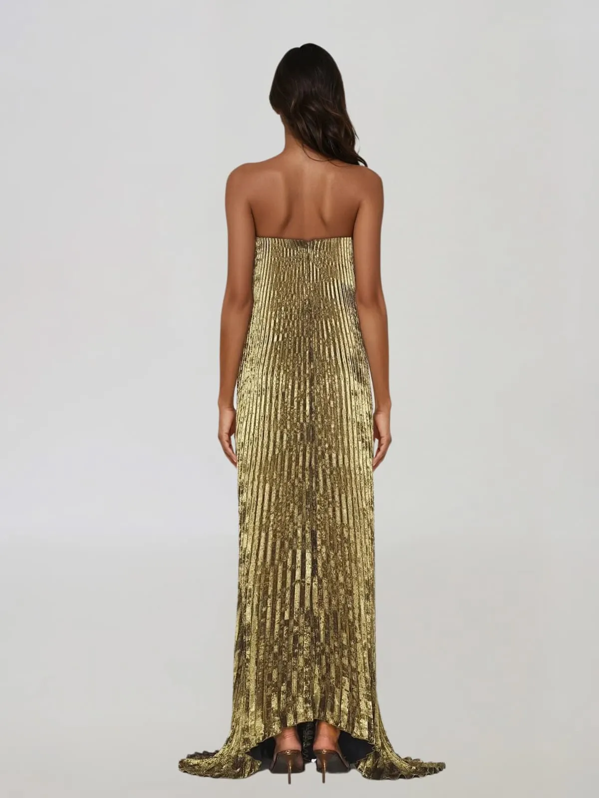 Cynara Strapless Pleated Metallic Maxi Dress In Gold sold by Mew Mews product image thumbnail 3