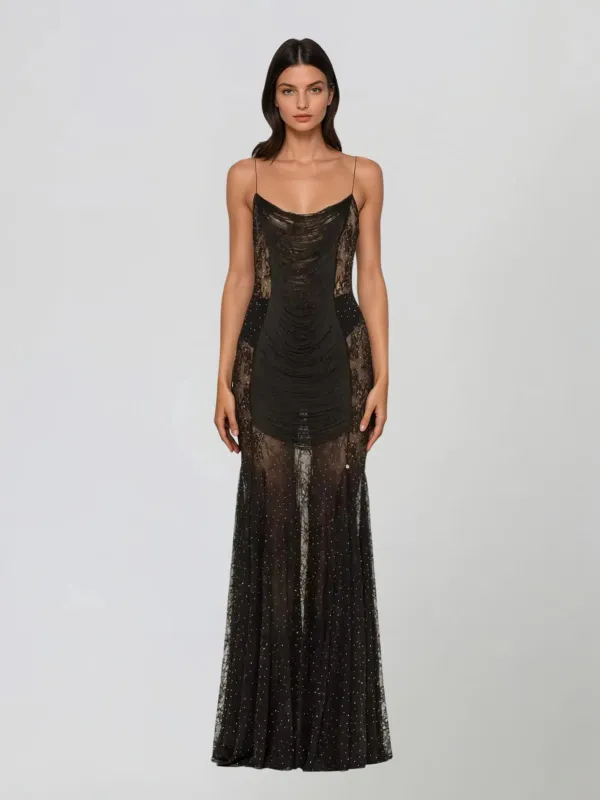 Raxelin Spaghetti Fringe Rhinestone Maxi Dress made by Mew Mews
