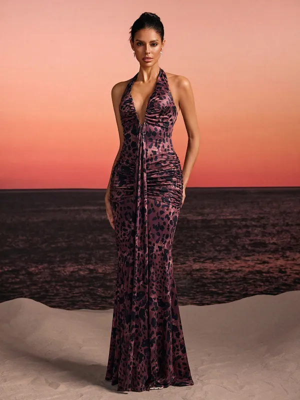 Lothen Halterneck Leopard Ruched Maxi Dress made by Mew Mews