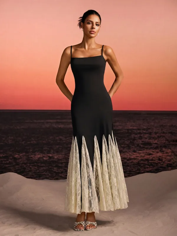 Farsel Spaghetti Lace Flared Maxi Dress made by Mew Mews