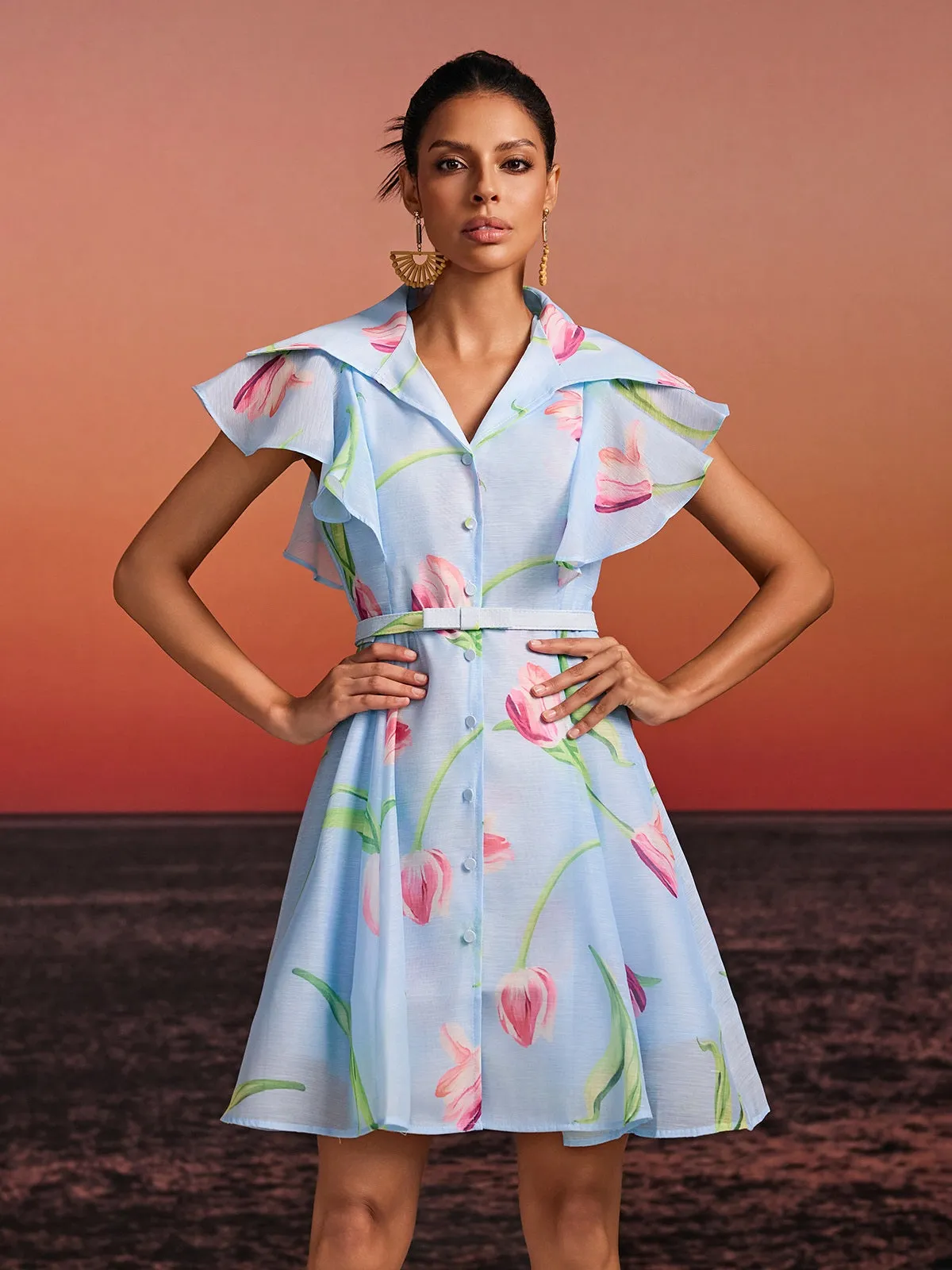 Drelin V Neck Floral Mini Dress With Belt sold by Mew Mews product image thumbnail 5