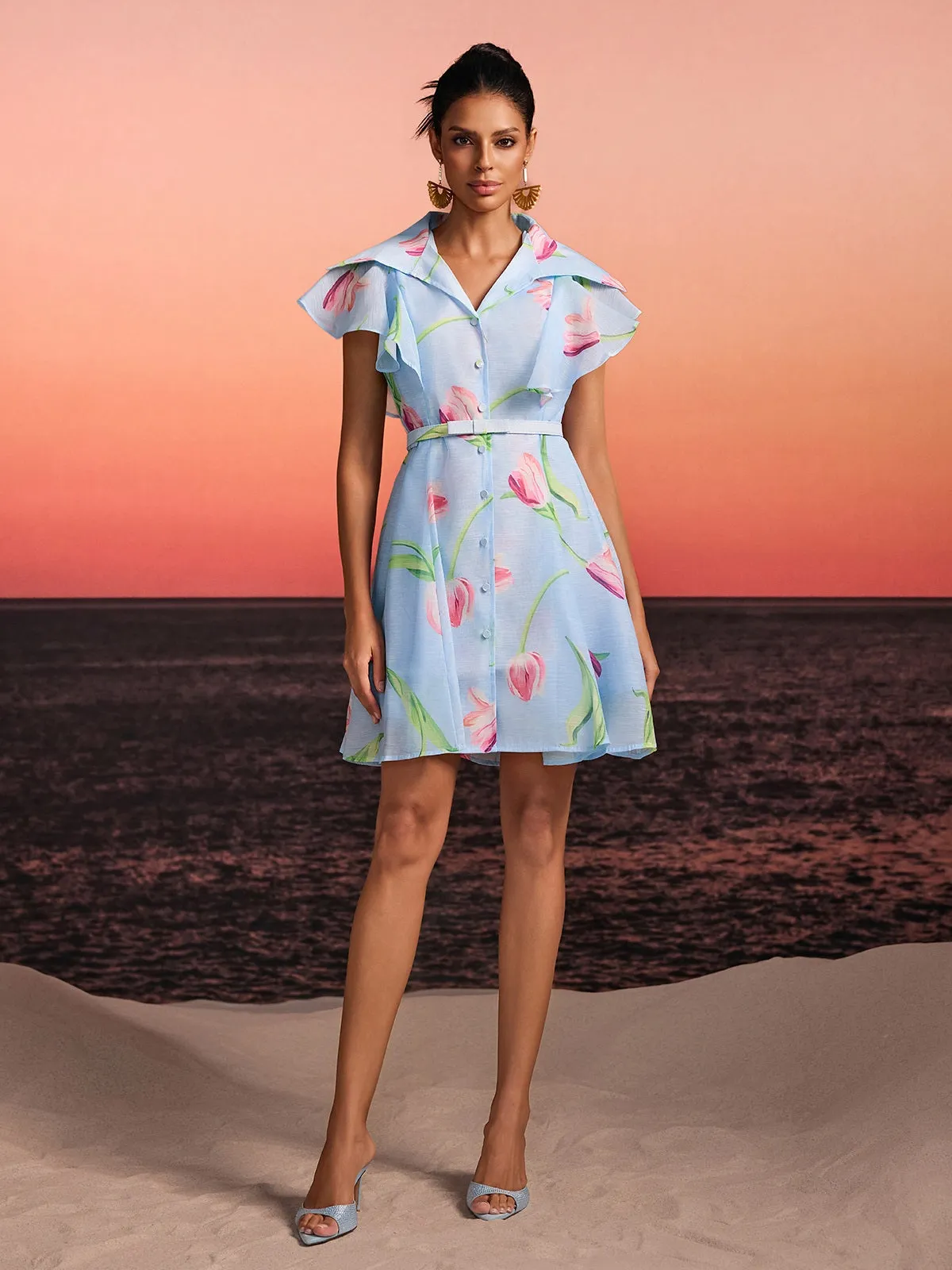 Drelin V Neck Floral Mini Dress With Belt sold by Mew Mews product image thumbnail 4