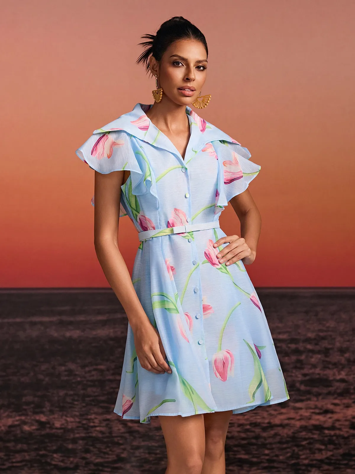 Drelin V Neck Floral Mini Dress With Belt sold by Mew Mews product image thumbnail 3