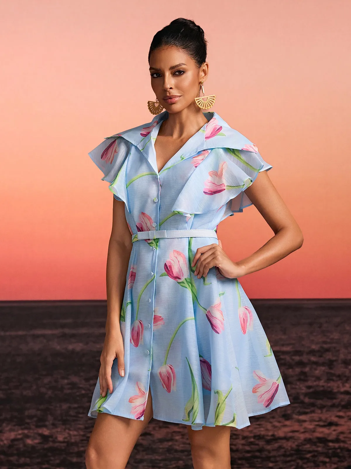 Drelin V Neck Floral Mini Dress With Belt sold by Mew Mews product image thumbnail 2