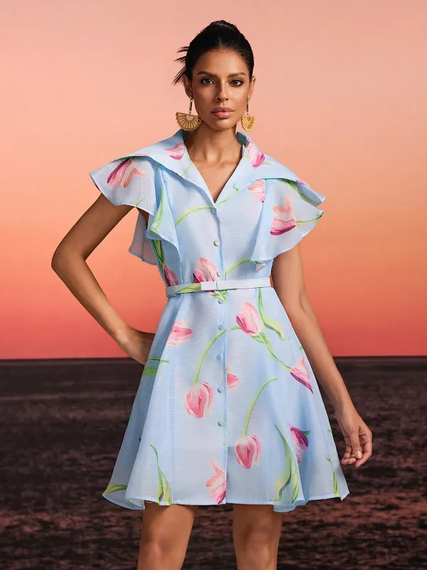 Drelin V Neck Floral Mini Dress With Belt made by Mew Mews