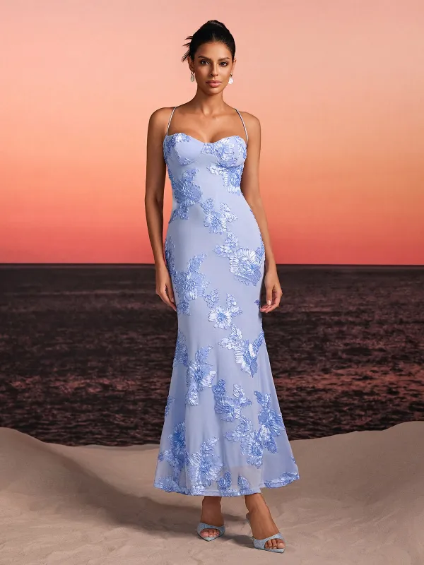 Zryne Spaghetti Embroidered Flower Maxi Dress In Blue made by Mew Mews