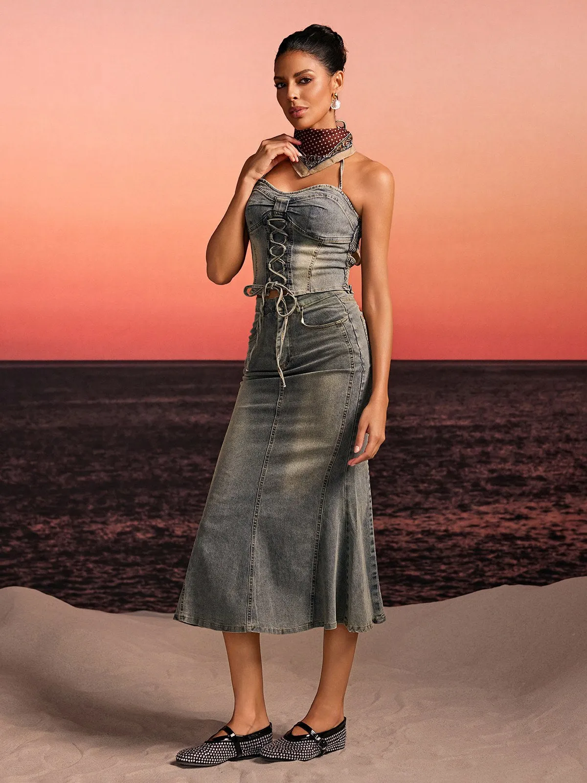 Aroven Halterneck Lace Up Denim Skirt Set sold by Mew Mews product image thumbnail 2