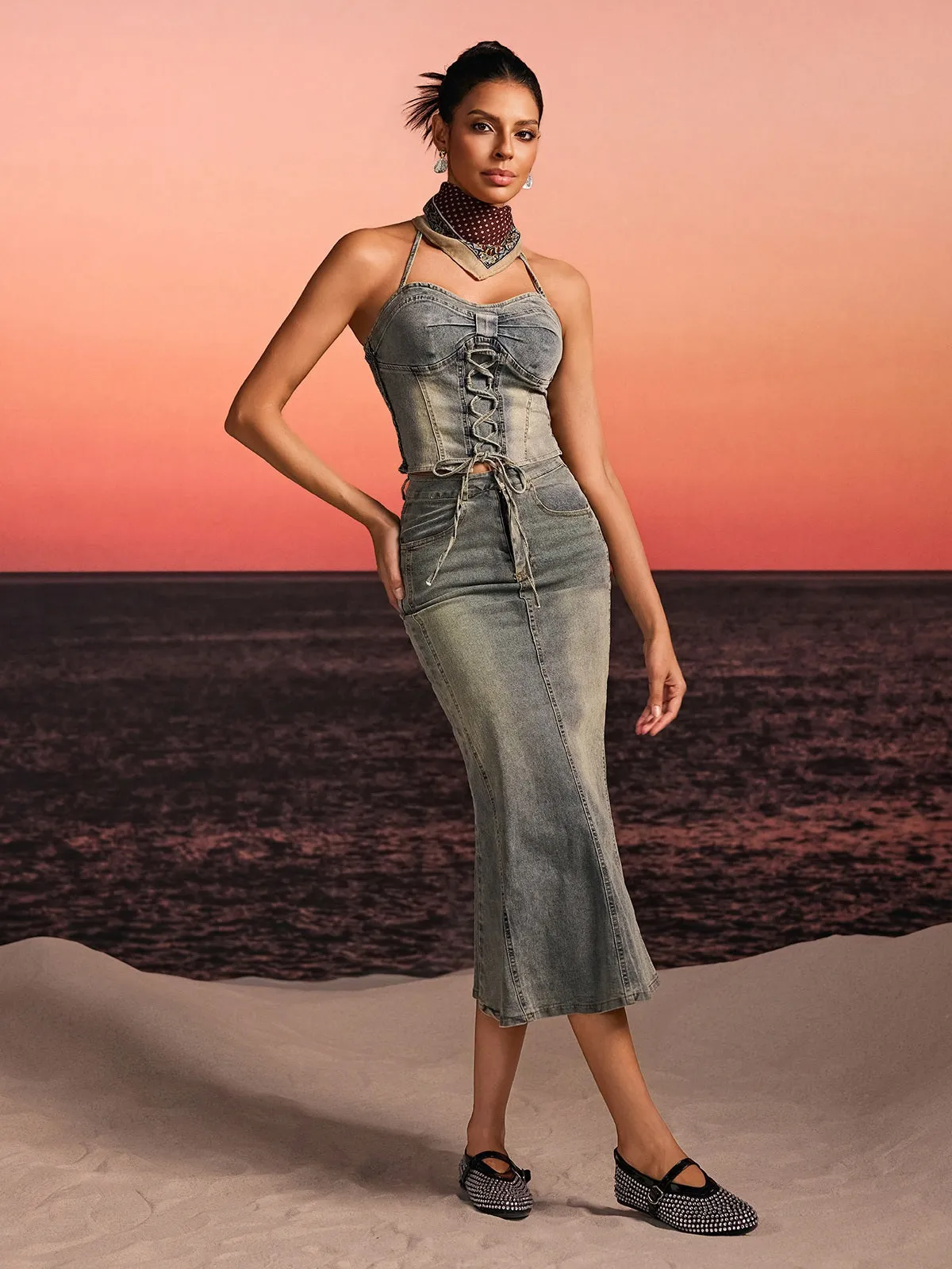 Aroven Halterneck Lace Up Denim Skirt Set sold by Mew Mews product image thumbnail 4