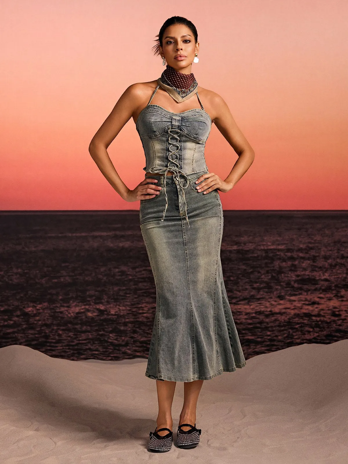 Aroven Halterneck Lace Up Denim Skirt Set sold by Mew Mews product image thumbnail 3