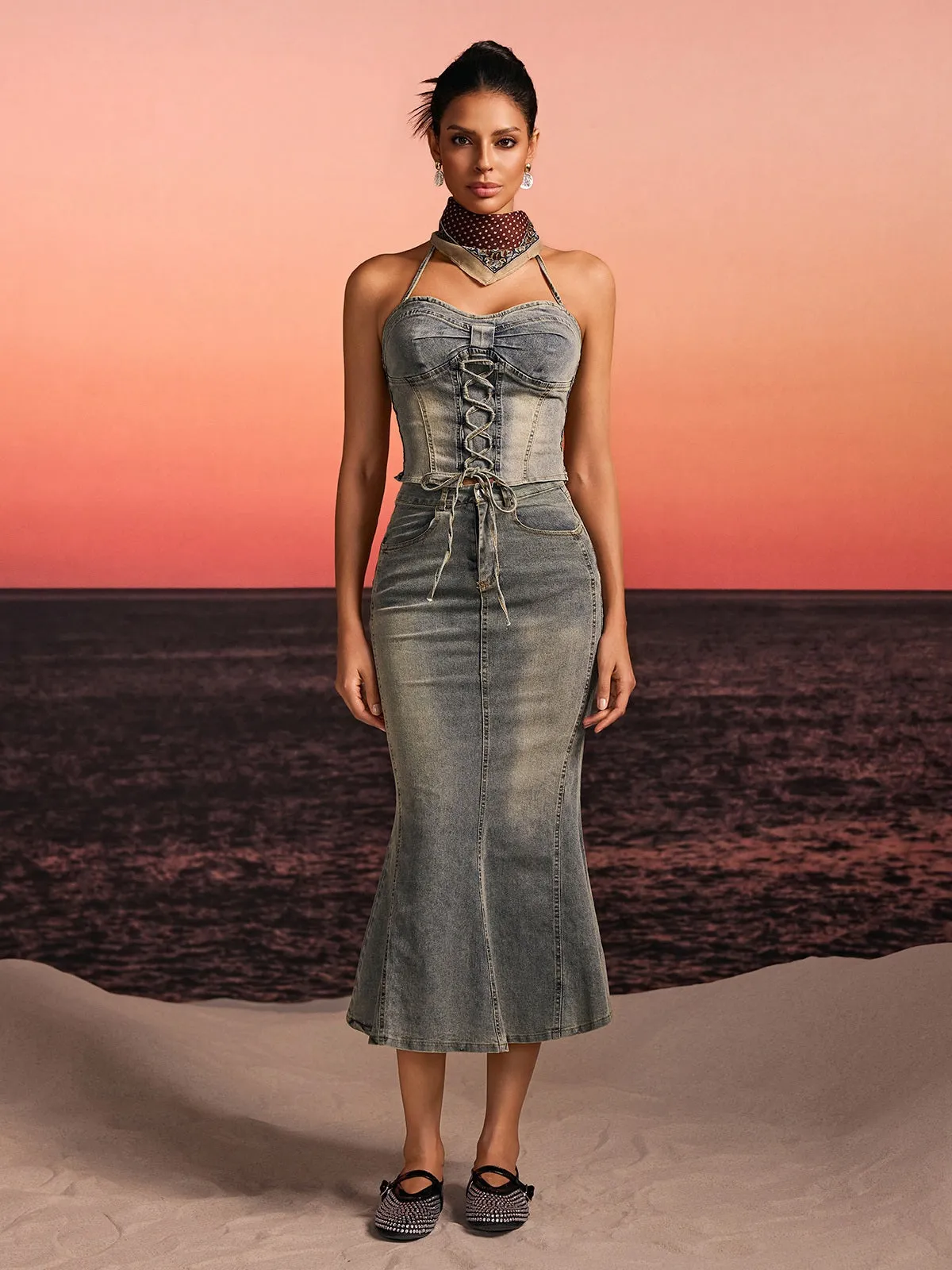 Aroven Halterneck Lace Up Denim Skirt Set sold by Mew Mews