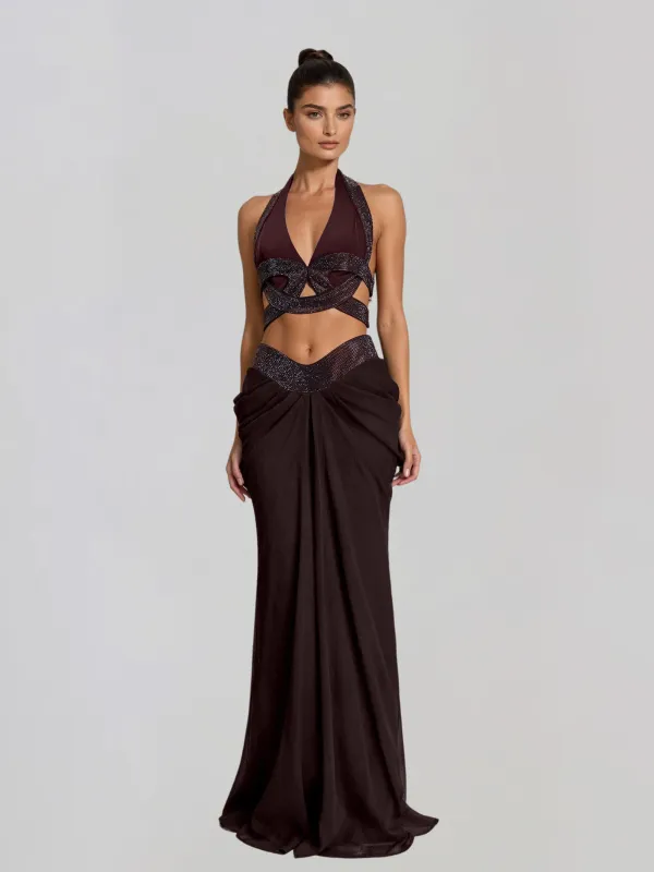 Mirek Halterneck Rhinestone Cutout Skirt Set made by Mew Mews