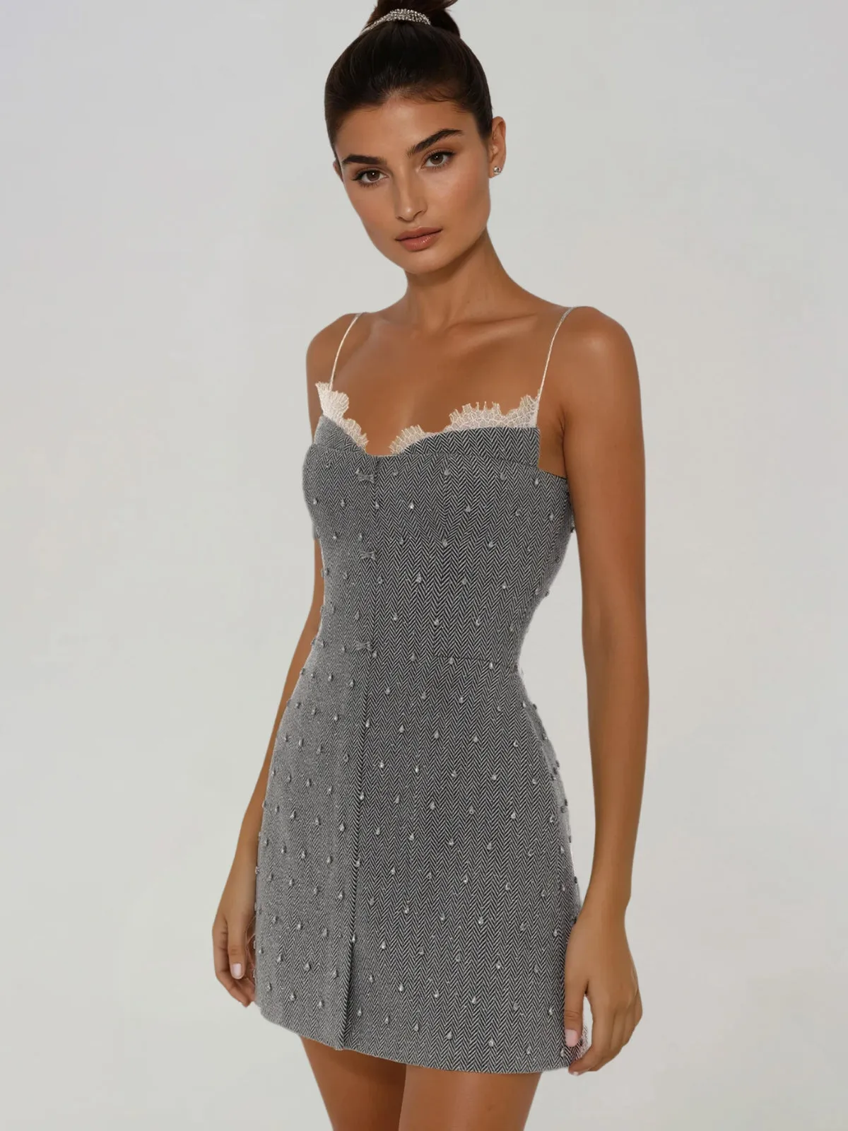 Borelix Spaghetti Rhinestone Plaid Mini Dress sold by Mew Mews product image thumbnail 2