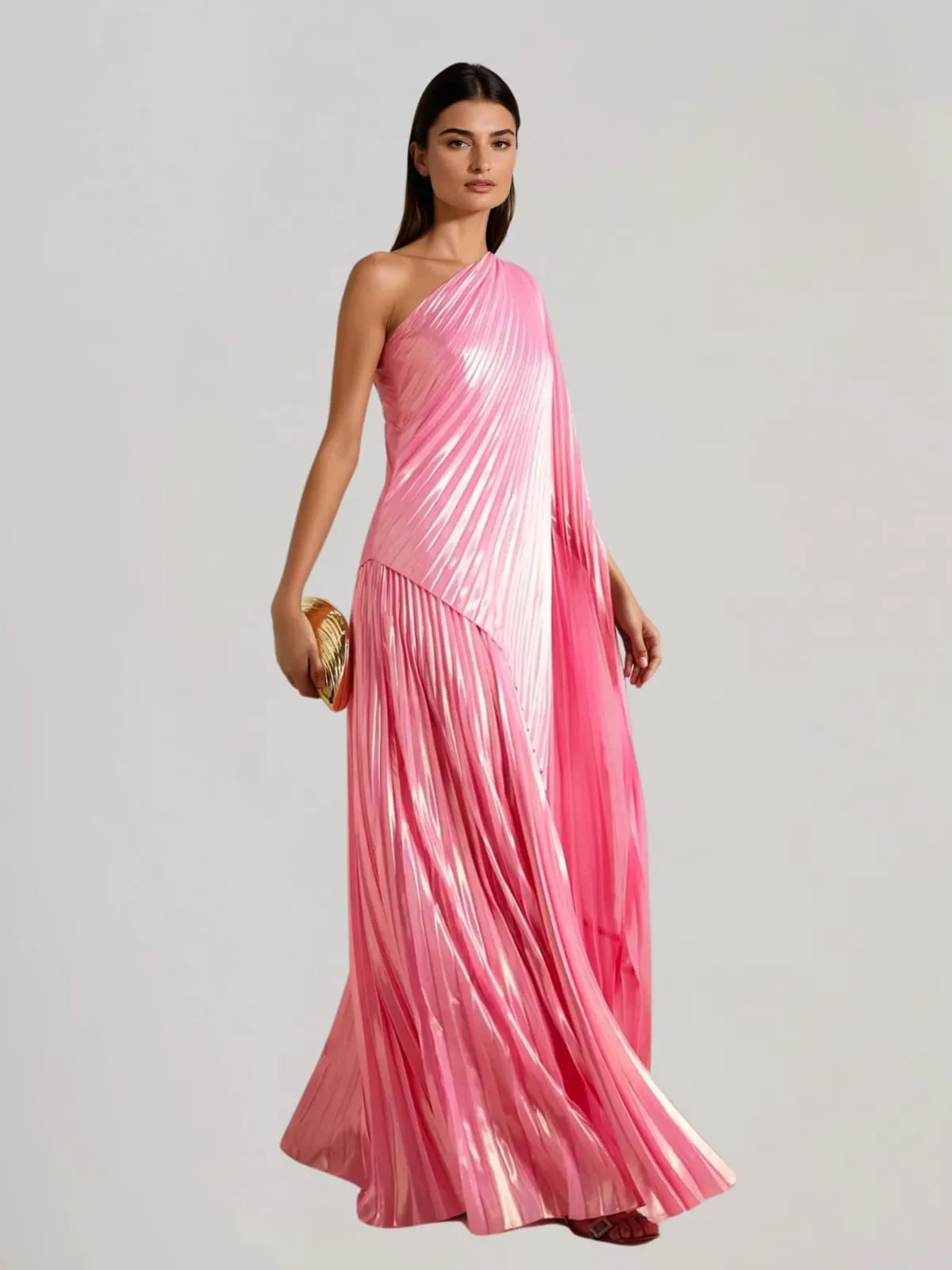 Arquo One Shoulder Pleated Maxi Dress In Pink sold by Mew Mews