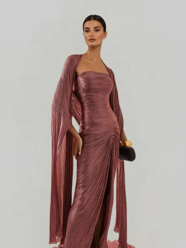Bravexia Cape Ruched Split Maxi Dress In Dark Pink made by Mew Mews