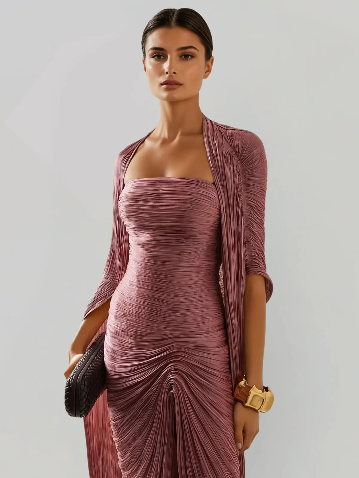 Bravexia Cape Ruched Split Maxi Dress In Dark Pink sold by Mew Mews product image thumbnail 2