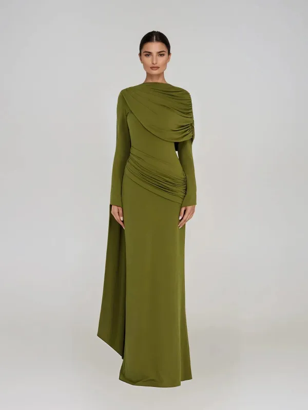 Gorim Long Sleeve Cape Ruched Maxi Dress made by Mew Mews