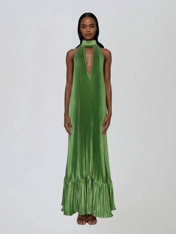 Wylith Plunge Neck Pleated Metallic Maxi Dress In Green made by Mew Mews