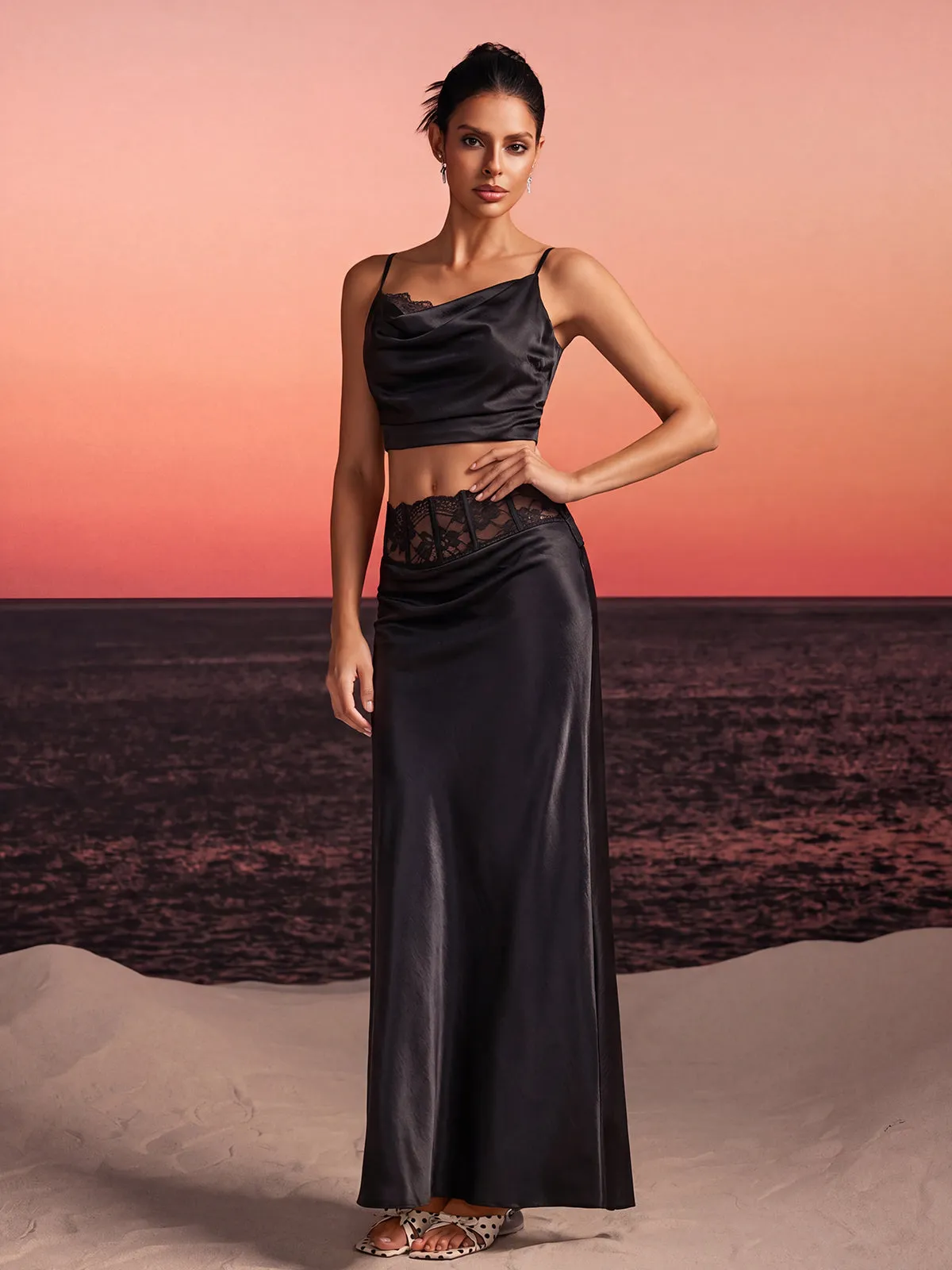 Iseron Spaghetti Lace Skirt Set In Black sold by Mew Mews